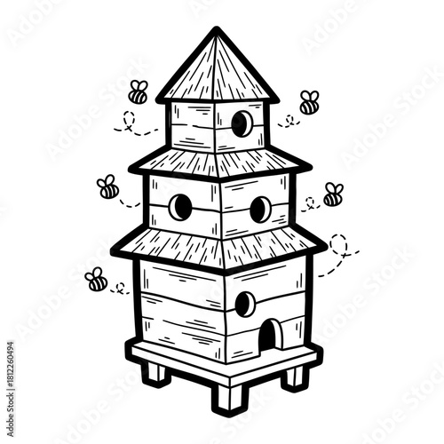 Black and white hand-drawn tiered beehive with flying bees