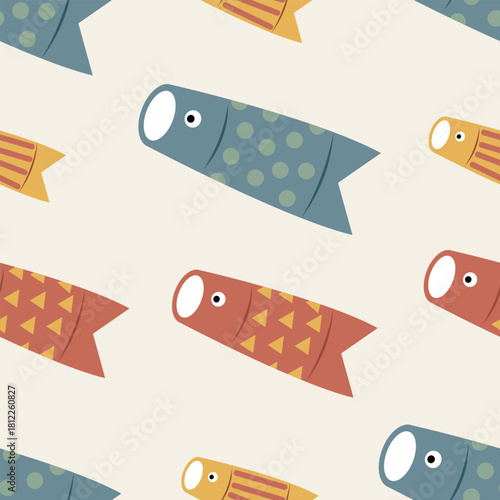 Swimming Koinobori seamless pattern. Directional vector flat design of carp fish rows. Scandi style Japanese Children's Day background for boys stationery, fabric lining, or educational materials.