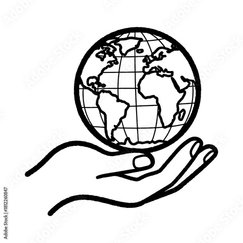 Minimalist Black Line Art Hand Holding World Globe Graphic