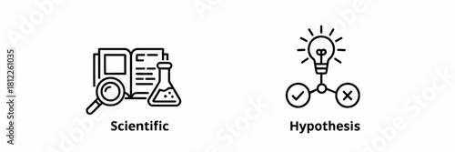 Icons depicting scientific research and hypothesis testing with book beaker and lightbulb symbolising discovery and validation process