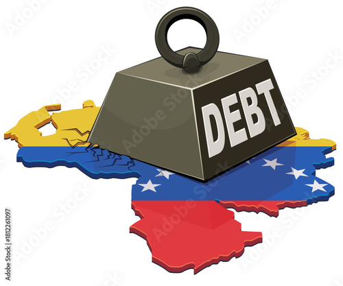 Venezuela map (flag colors) being crushed by a heavy weight labeled "DEBT". Concept for financial crisis or government debt burden in South America. (cut out)
