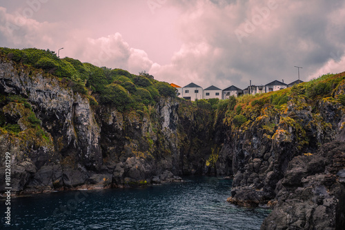 Cliff view of the Fabrica da Baleia do Boqueirao Museum in Santa Cruz das Flores, Azores Portugal