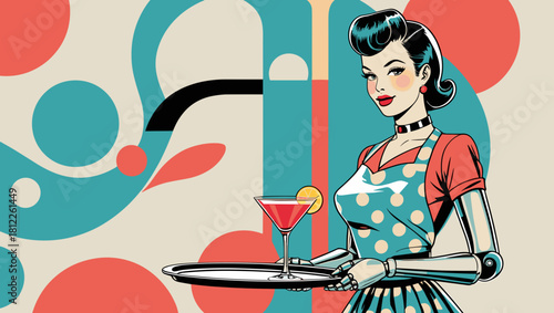 Retro robot waitress serving cocktail on a tray with colorful geometric background