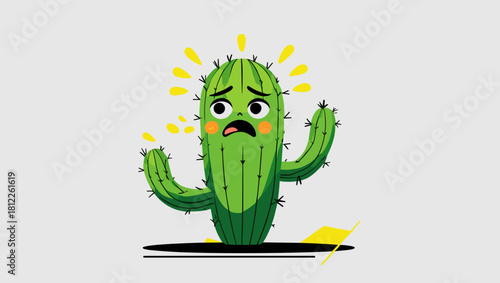 Cartoon cactus character with sad expression and blush in a minimalistic design