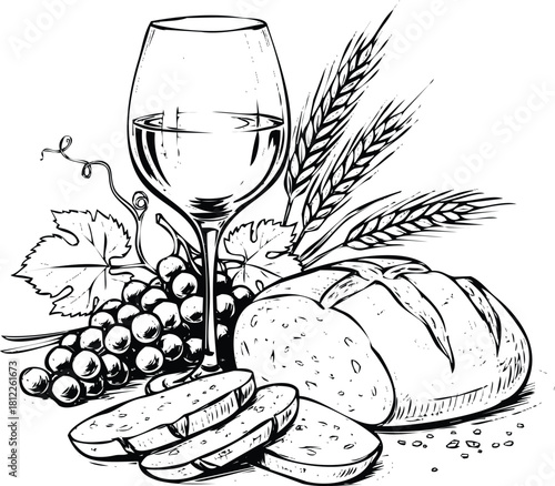 Wine glass, grapes, wheat and rustic bread line art illustration