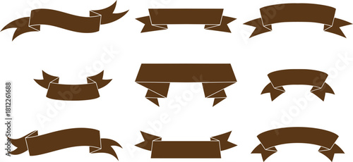 Collection of brown ribbon banners for decoration and design