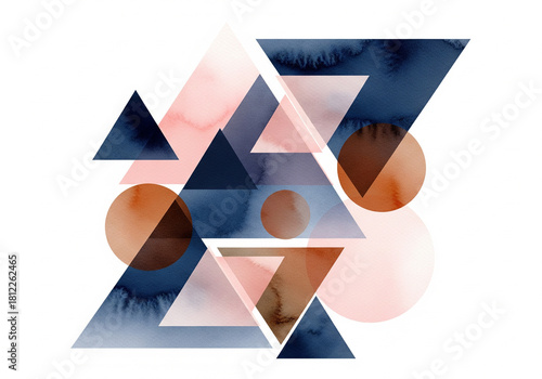 Sharp geometric triangles and circles mixed with soft watercolor washes; deep indigo, soft blush, and earthy browns; layered transparency; modern boho abstract style; clean white background