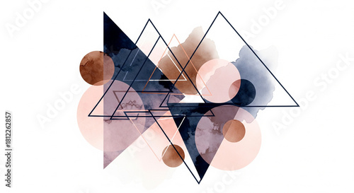 Sharp geometric triangles and circles mixed with soft watercolor washes; deep indigo, soft blush, and earthy browns; layered transparency; modern boho abstract style; clean white background