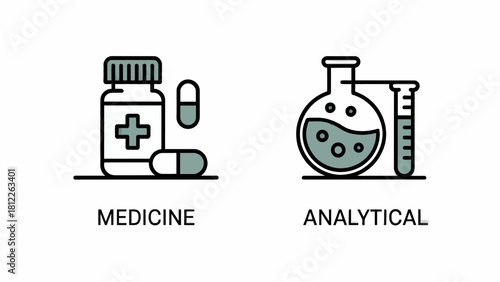 Medical and Analytical Icons Representing Healthcare and Laboratory Science with Distinct Symbols and Modern Design