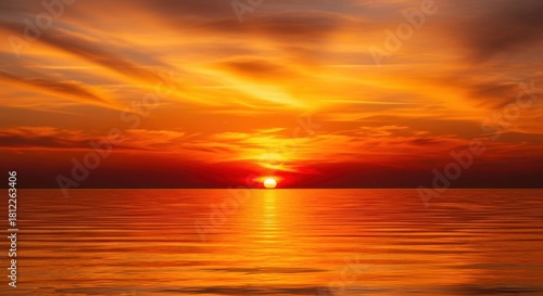 Fiery orange sunset over calm ocean horizon 