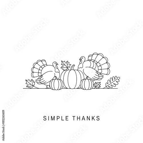 Happy Thanksgiving illustration featuring turkeys, pumpkins, and autumn leaves, perfect for holiday greetings and designs