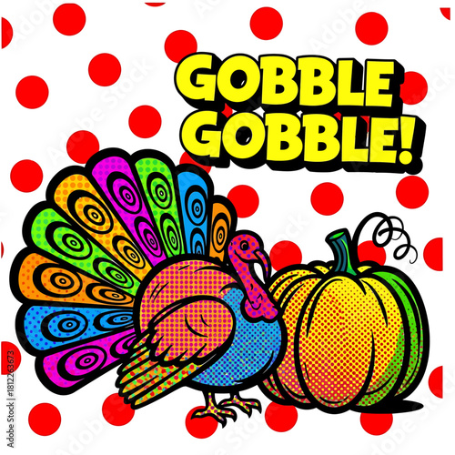 A vibrant pop art illustration for the Thanksgiving holiday featuring a stylized turkey with a colorful psychedelic tail and a pumpkin on a red polka dot background