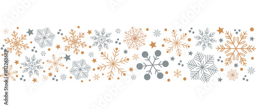 A seamless horizontal pattern and border composed of various stylized snowflakes, stars, and dots in grey-blue and warm gold tones on a white background.