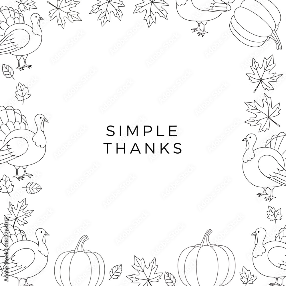 Obraz premium Simple black and white line art border illustration featuring autumn elements like turkeys, pumpkins, and maple leaves, ideal for Thanksgiving designs and harvest season celebrations