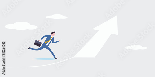 Businessman running towards a rising arrow symbolizing success and growth