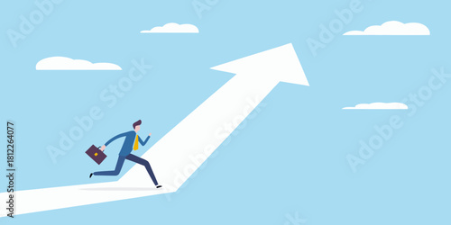 Businessman running up an upward arrow path towards the sky
