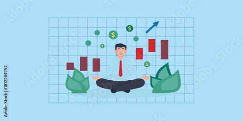 Businessman meditating amidst financial growth charts and dollar signs