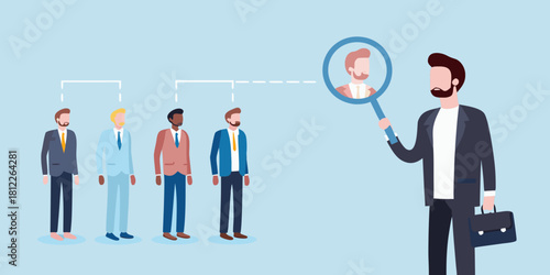 Recruiter magnifying a candidate from a group of professionals