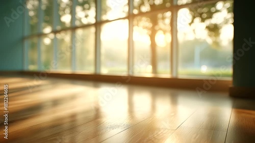 Wallpaper Mural Sunlight through large window illuminating defocused light wood floor, faceless installation scene, flooring visualization detail, blurred tools background, bright interior concept Torontodigital.ca