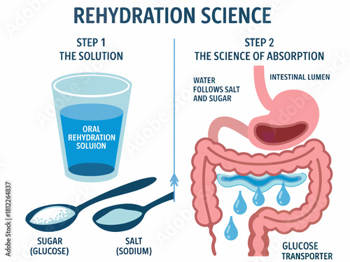 Rehydration Science Illustration Showing Oral Rehydration Solution Preparation and Absorption Process in Human Body