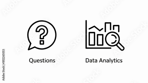 Questions and Data Analytics Icons on White Background Illustrating Business Decisions and Statistical Analysis