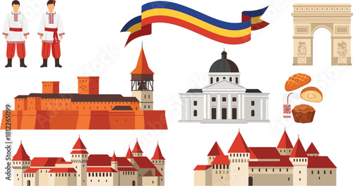 Romanian culture, traditional costume, national ribbon, famous landmarks, folk heritage, architecture, Romanian food, cartoon style, travel icons, illustration