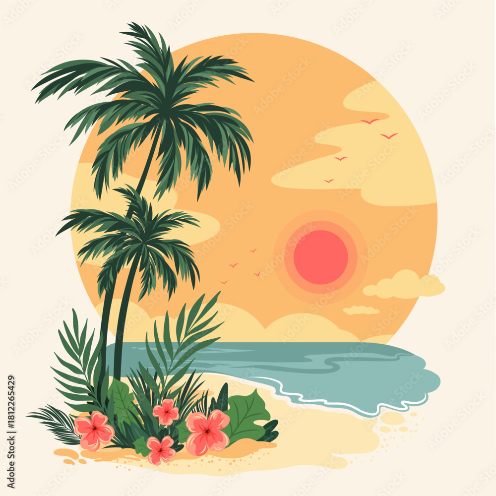 Fototapeta premium Colorful tropical beach illustration with palm trees, lush leaves and vibrant flowers. Bright summer artwork ideal for travel, vacation, and coastal design projects.