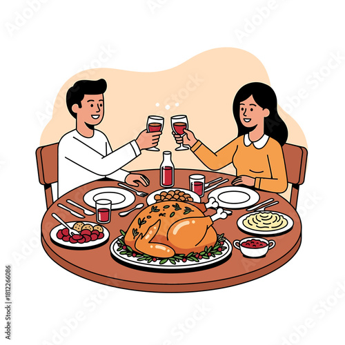 Delightful illustration of a happy couple sharing a heartwarming holiday dinner, toasting with wine as they enjoy a beautifully prepared roasted turkey and traditional side dishes