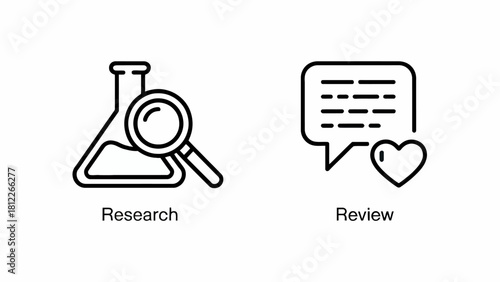 Scientific Research and Customer Review Icons Representing Analysis and Feedback Processes in Modern Business and Development