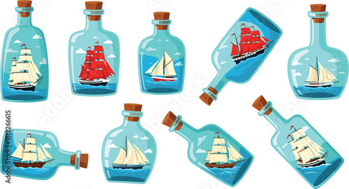 Ship in bottle, sailing vessel, nautical theme, maritime art, glass container, red sails, ocean sky, cartoon illustration, craft