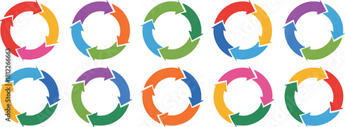 Colorful circular arrows infographic elements with different segment counts and color schemes
