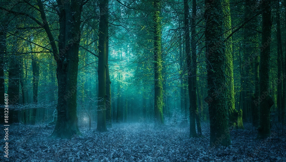 Fototapeta premium Enchanted forest with soft glowing lights that gently illuminate the snowy trees, a subtle mist that rises from the forest floor, vibrant colors of emerald green and sapphire