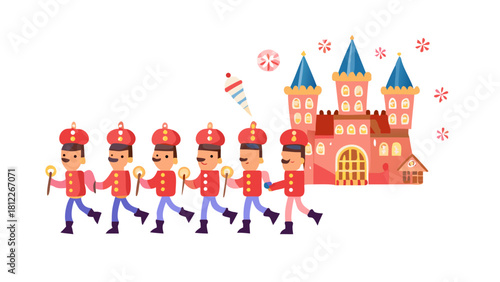 A joyful nutcracker army marching in a glowing candy palace