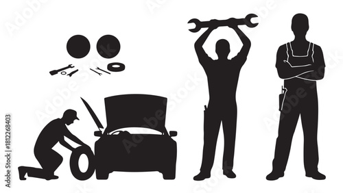 Auto mechanic silhouette set featuring car repair and maintenance vector illustration isolated on white background