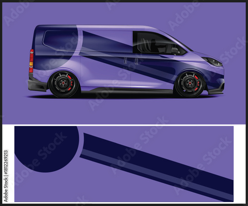 Customized purple van with dark blue graphics and lowered suspension