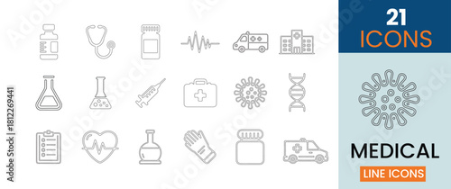 a collection of detailed medical line icons representing healthcare science and emergency services alongside a virus illustration