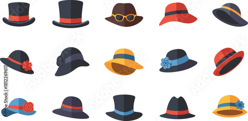 Vector flat hat icons set, colorful headwear collection, fashion accessories, top hat, fedora, sun hat, isolated on white background.