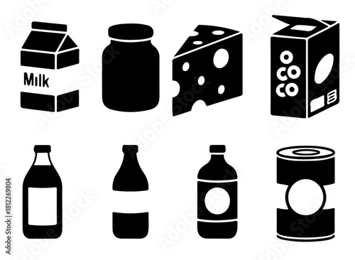 Simple food icons showing dairy, cheese, and canned goods for grocery store designs