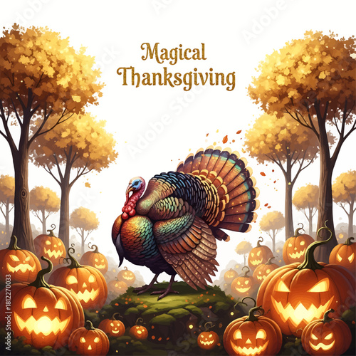 A majestic turkey celebrates in an enchanting autumn forest surrounded by a field of glowing Halloween jack-o'-lanterns
