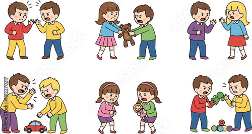 Vector illustration set of angry children fighting, arguing over toys, sibling rivalry conflict, aggressive kids behavior collection, isolated on white.