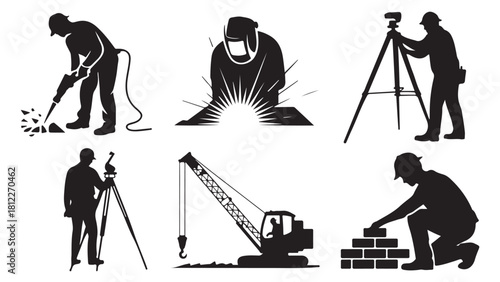 Set of construction worker icons silhouette vector illustration of construction and building trades isolated on white background