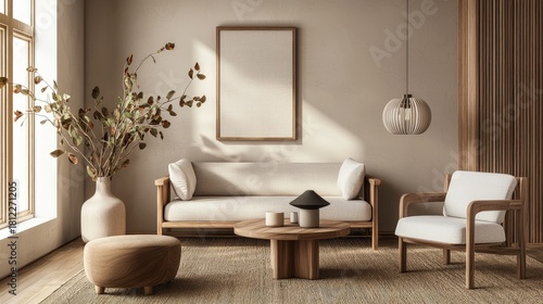 Modern minimalist living room with wooden furniture, soft neutral tones and natural light highlighting a cozy seating area, idea for interior design layouts