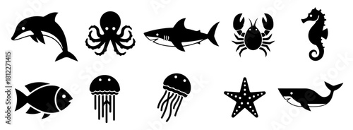 Charming nautical icons featuring sea creatures like dolphins and seahorses for summer fun