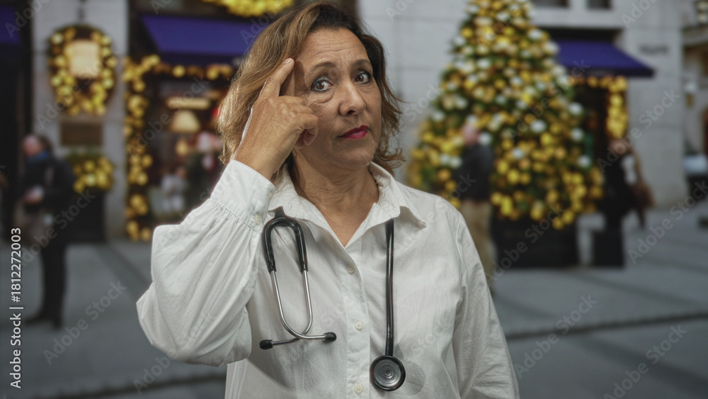Fototapeta premium Middle age hispanic woman doctor in white shirt with stethoscope points finger to head on street; thoughtfulness.