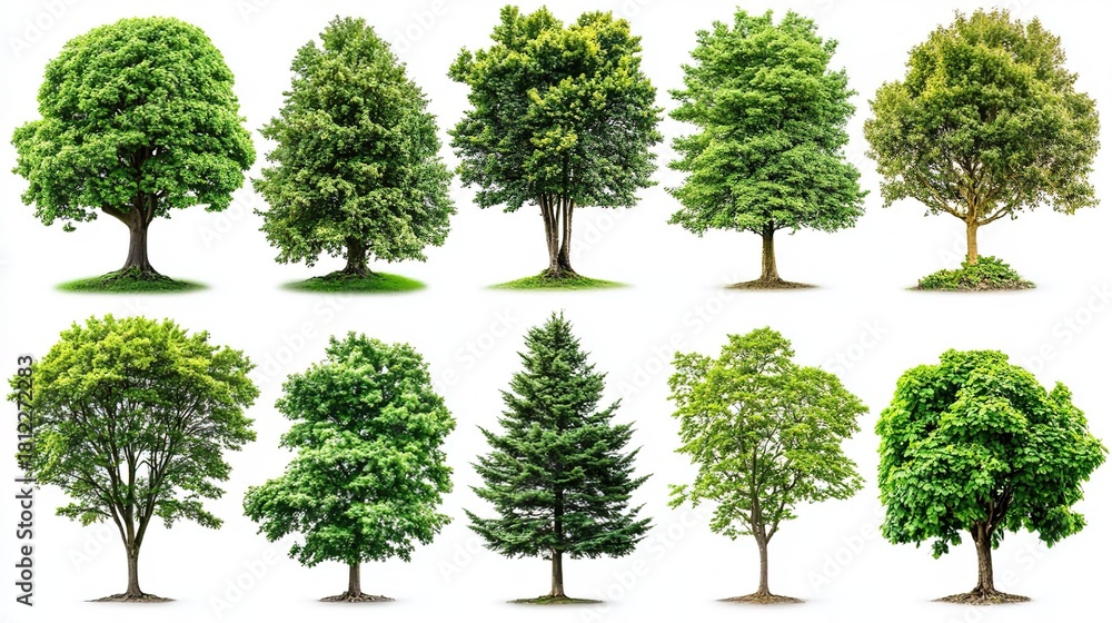 Fototapeta premium Aerial - view Collection of Diverse Green Trees on White Background
