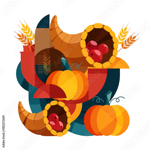 Thanksgiving Abundance Autumn Harvest with Cornucopias, Pumpkins, and Wheat Elements