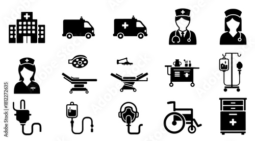 Medical icon set features hospital, ambulance, nurses, and essential equipment