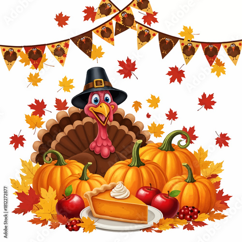 A cheerful Thanksgiving holiday illustration featuring a cartoon turkey in a pilgrim hat surrounded by a harvest of pumpkins, apples, and pie
