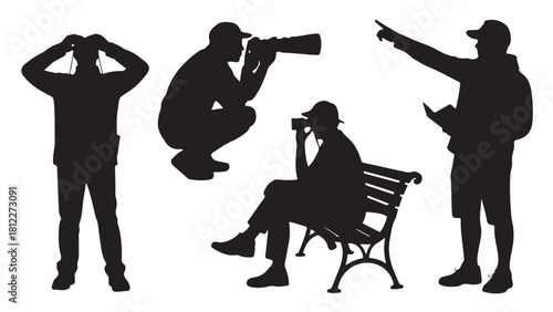 Set of silhouette vector illustrations of people with binoculars and cameras observing and photographing isolated on white background