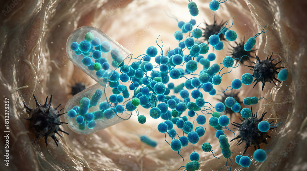 Naklejka premium Microscopic Science, a Probiotic Capsule Releases Friendly Bacteria into the Human Internal System to Support Wellness